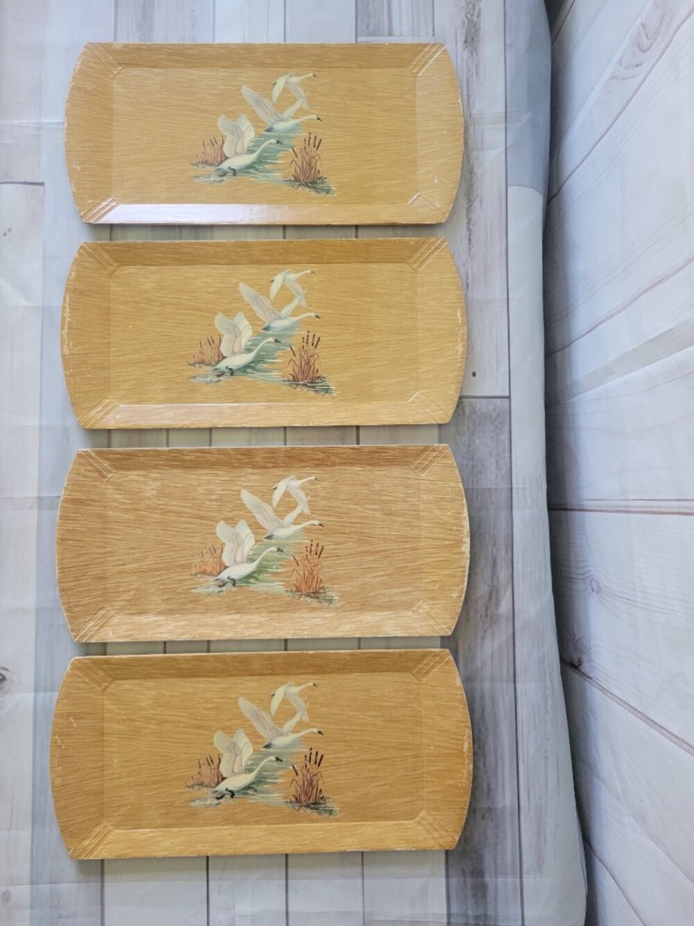Vintage MCM Coronet Haskelite Lithograph Paper TV Trays w/ Swans, Lot of 4 wood
